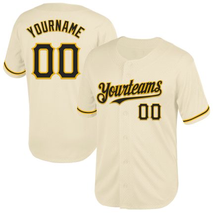 Personalized Black-Gold Cream Mesh Throwback Baseball Jersey for Men and Women Personalized Cream Black-Gold Mesh Throwback