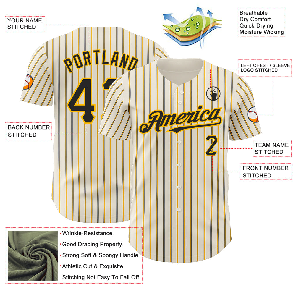 Personalized Cream (Black Gold Pinstripe) Black-Gold Authentic Baseball Jersey Team Custom Name and Number Custom Black Gold Pinstripe Baseball Jersey - Personalized Cream with Team Name and Number Personalized Cream (Black Gold - Image 3