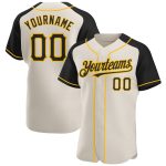 Personalized Black-Gold Baseball Jersey with Cream Raglan Sleeves Personalized Cream Black-Gold Raglan Sleeves Baseball Jersey