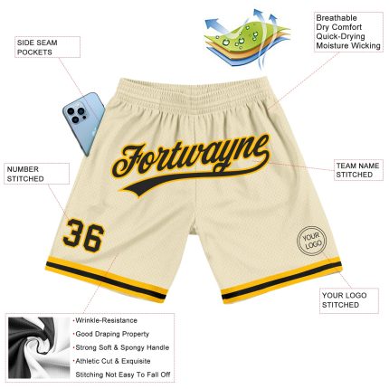 Personalized Black Gold Cream Throwback Basketball Shorts for Men Personalized Cream Black-Gold Throwback Basketball Shorts