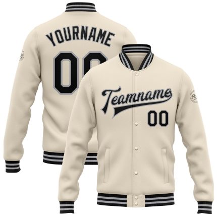 Personalized Bomber Jacket Cream Black-Gray Full-Snap Varsity Letterman Personalized Cream Black-Gray Bomber Full-Snap Varsity