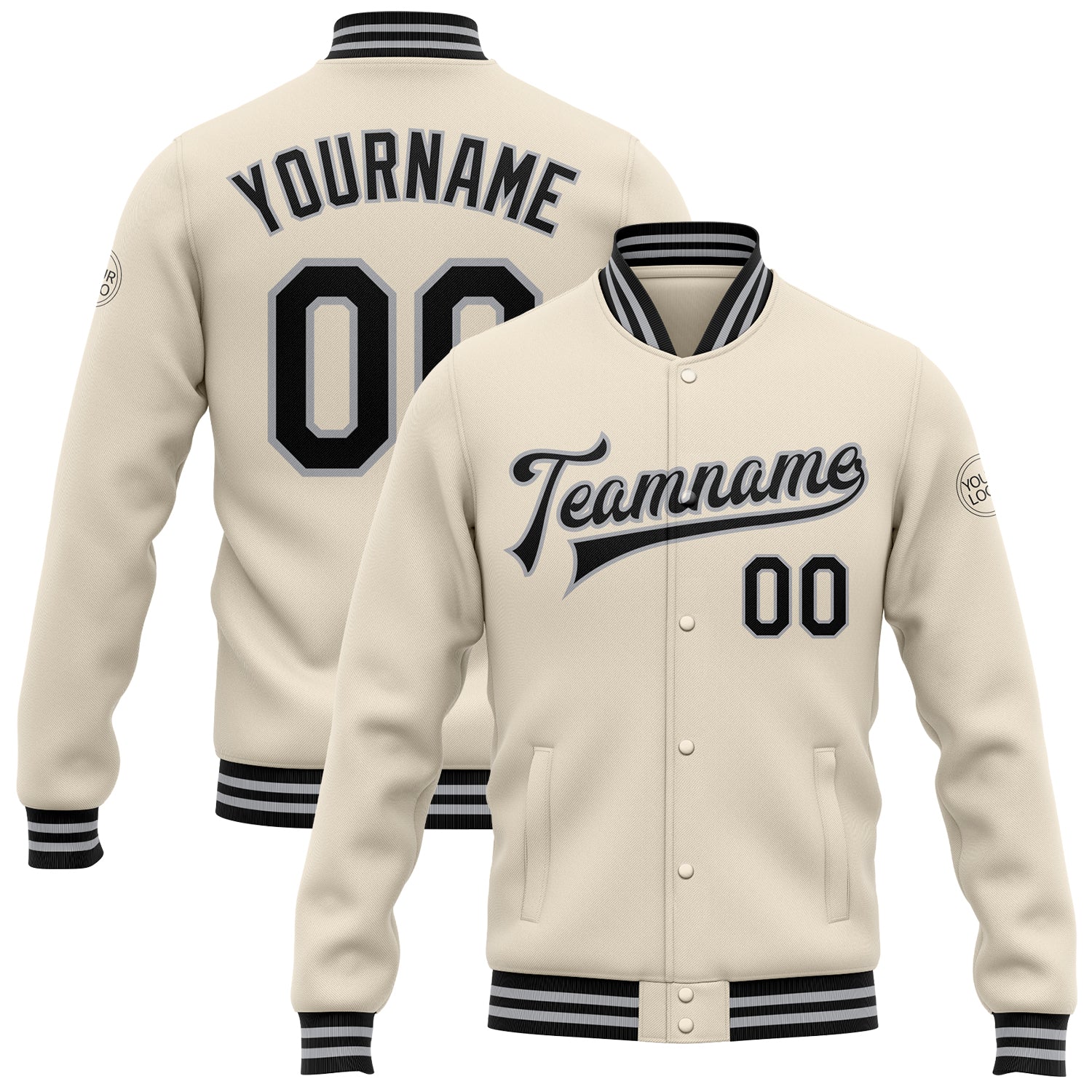 Personalized Bomber Jacket Cream Black-Gray Full-Snap Varsity Letterman Personalized Cream Black-Gray Bomber Full-Snap Varsity
