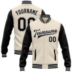 Personalized Letterman Bomber Jacket, Cream Black-Gray Two Tone Full-Snap Style for Men Personalized Cream Black-Gray Bomber