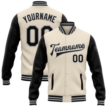 Personalized Letterman Bomber Jacket, Cream Black-Gray Two Tone Full-Snap Style for Men Personalized Cream Black-Gray Bomber