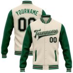 Personalized Two Tone Bomber Jacket in Cream and Black-Kelly Green, Full-Snap Varsity Letterman Style Personalized Cream