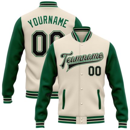 Personalized Two Tone Bomber Jacket in Cream and Black-Kelly Green, Full-Snap Varsity Letterman Style Personalized Cream