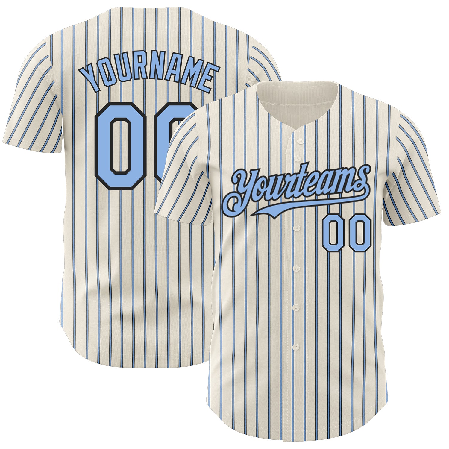 Personalized Custom Name and Number Baseball Jersey Light Blue Black Pinstripe Cream Authentic Team Wear Personalized Cream