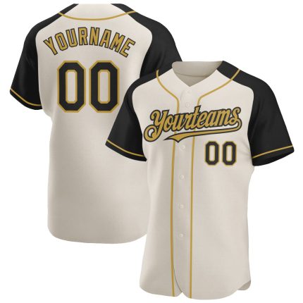 Custom Name and Number Personalized Authentic Baseball Jersey - Cream Black Old Gold Raglan Sleeves Personalized Cream Black-Old