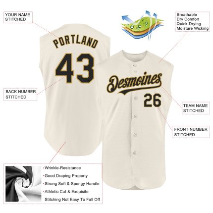 Custom Name and Number Personalized Baseball Jersey - Authentic Sleeveless in Cream, Black, Old Gold Personalized Cream Black-Old