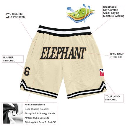 Custom Team Name Number Authentic Basketball Shorts - Personalized Cream Black Old Gold Throwback Design Personalized Cream