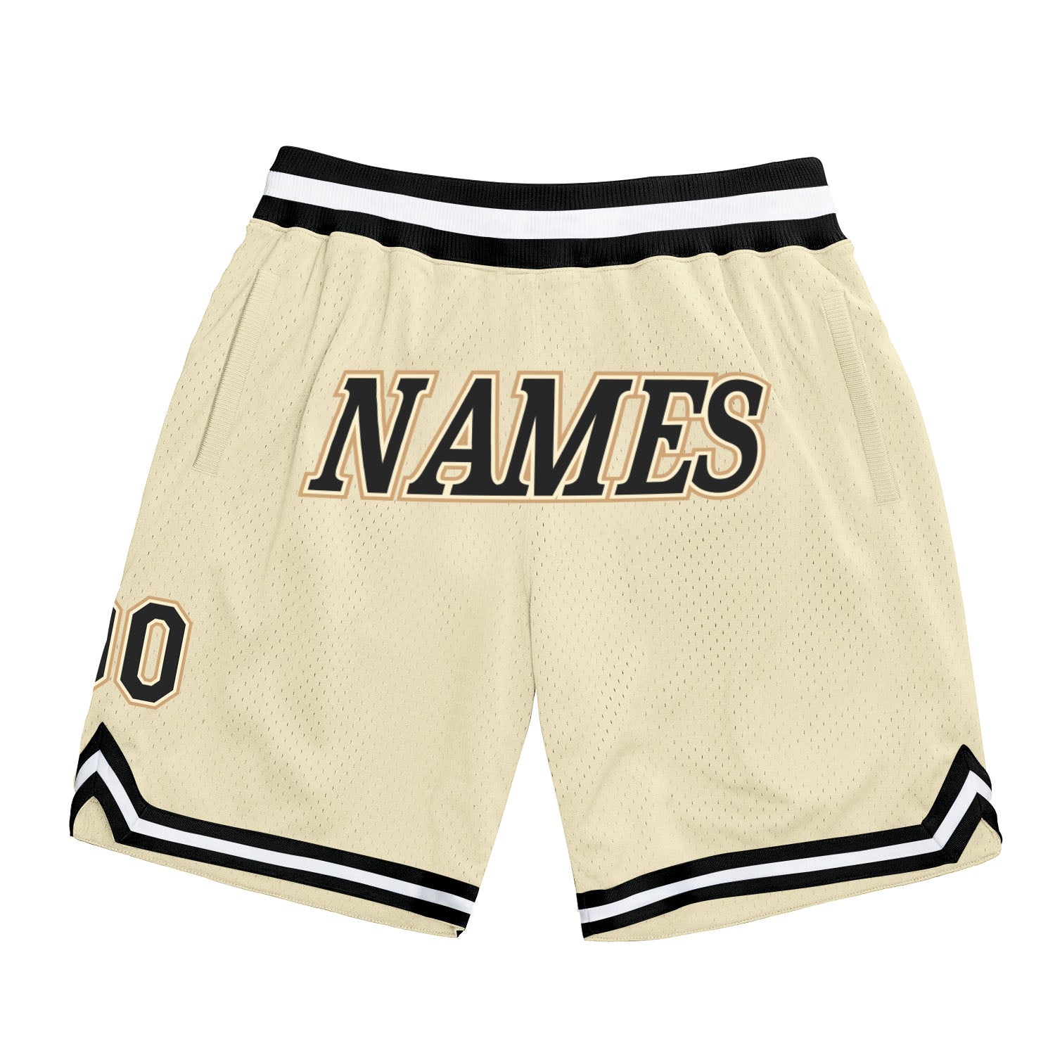 Custom Team Name Number Authentic Basketball Shorts - Personalized Cream Black Old Gold Throwback Design Personalized Cream