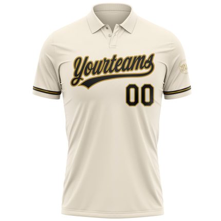 Custom Performance Vapor Golf Polo Shirt - Personalized Cream Black Old Gold, Team Name & Number Personalized Cream Black-Old