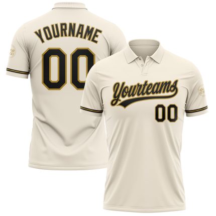 Custom Performance Vapor Golf Polo Shirt - Personalized Cream Black Old Gold, Team Name & Number Personalized Cream Black-Old