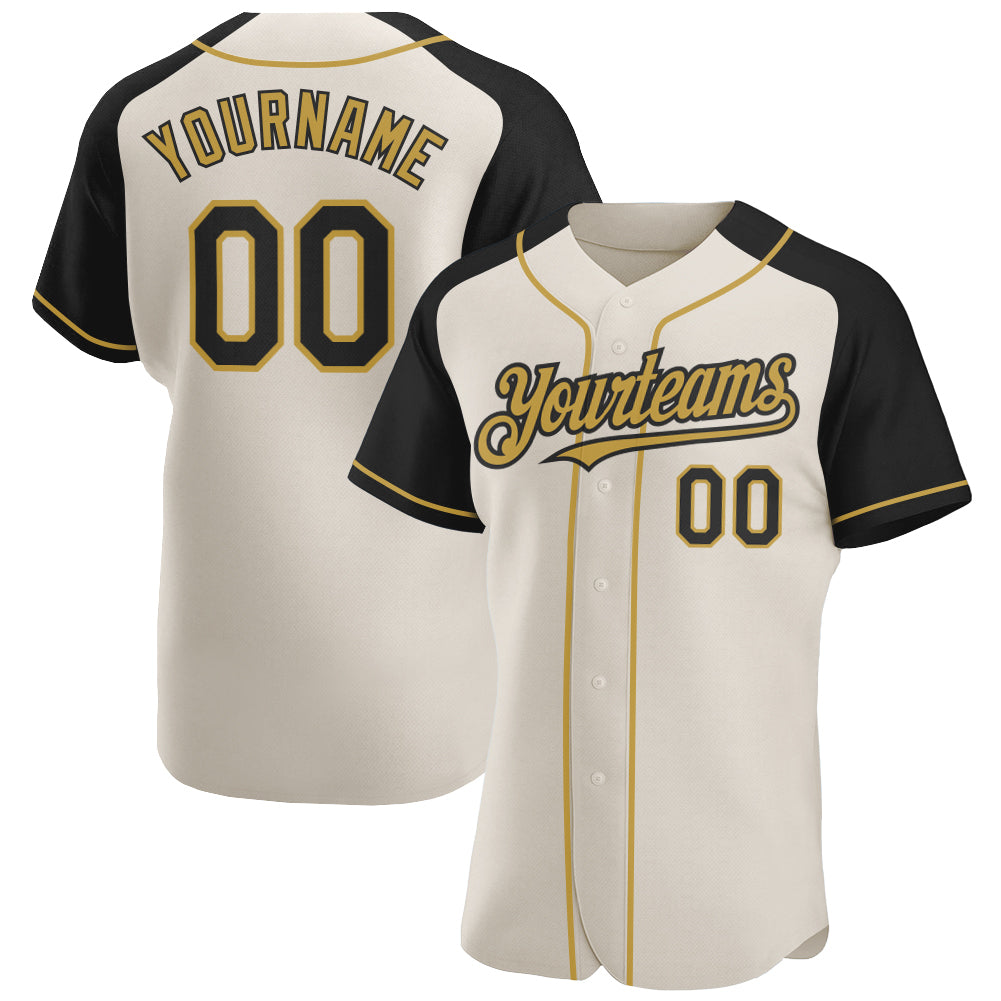 Personalized Black Cream Old Gold Baseball Jersey with Raglan Sleeves Personalized Cream Black-Old Gold Raglan Sleeves Baseball