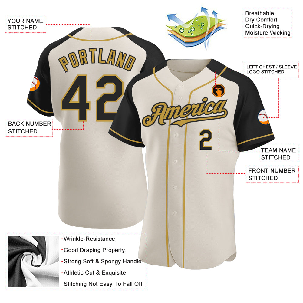 Personalized Cream Black-Old Gold Raglan Sleeves Baseball Jersey Personalized Black Cream Old Gold Baseball Jersey with Raglan Sleeves Personalized Cream Black-Old Gold Raglan Sleeves Baseball - Image 3
