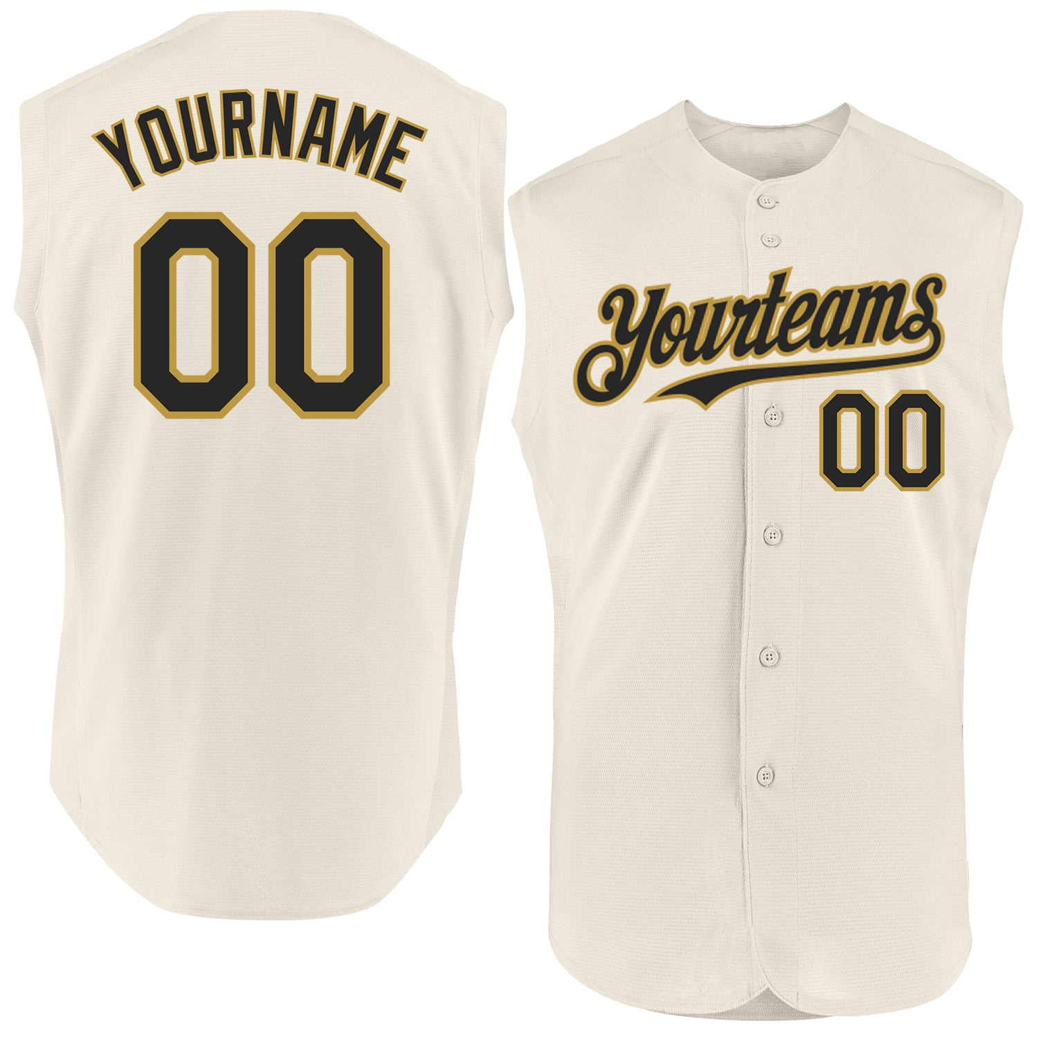 Personalized Black Gold Cream Sleeveless Baseball Jersey for Men Personalized Cream Black-Old Gold Sleeveless Baseball Jersey