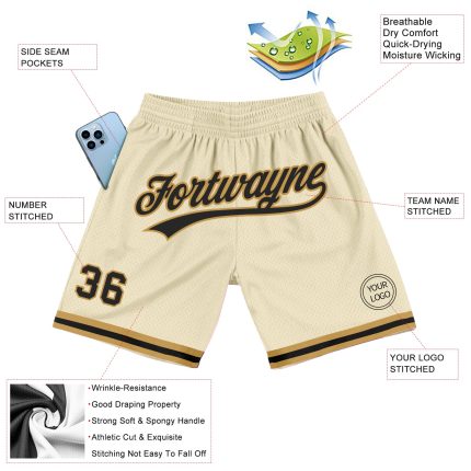 Personalized Black Cream Gold Throwback Basketball Shorts for Men 3 Personalized Cream Black-Old Gold Throwback Basketball