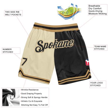 Personalized Black Cream Gold Throwback Split Fashion Basketball Shorts Personalized Cream Black-Old Gold Throwback Split