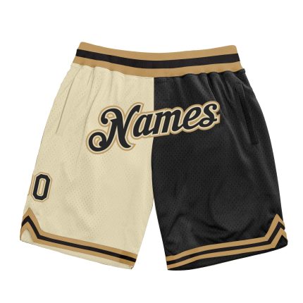 Personalized Black Cream Gold Throwback Split Fashion Basketball Shorts Personalized Cream Black-Old Gold Throwback Split