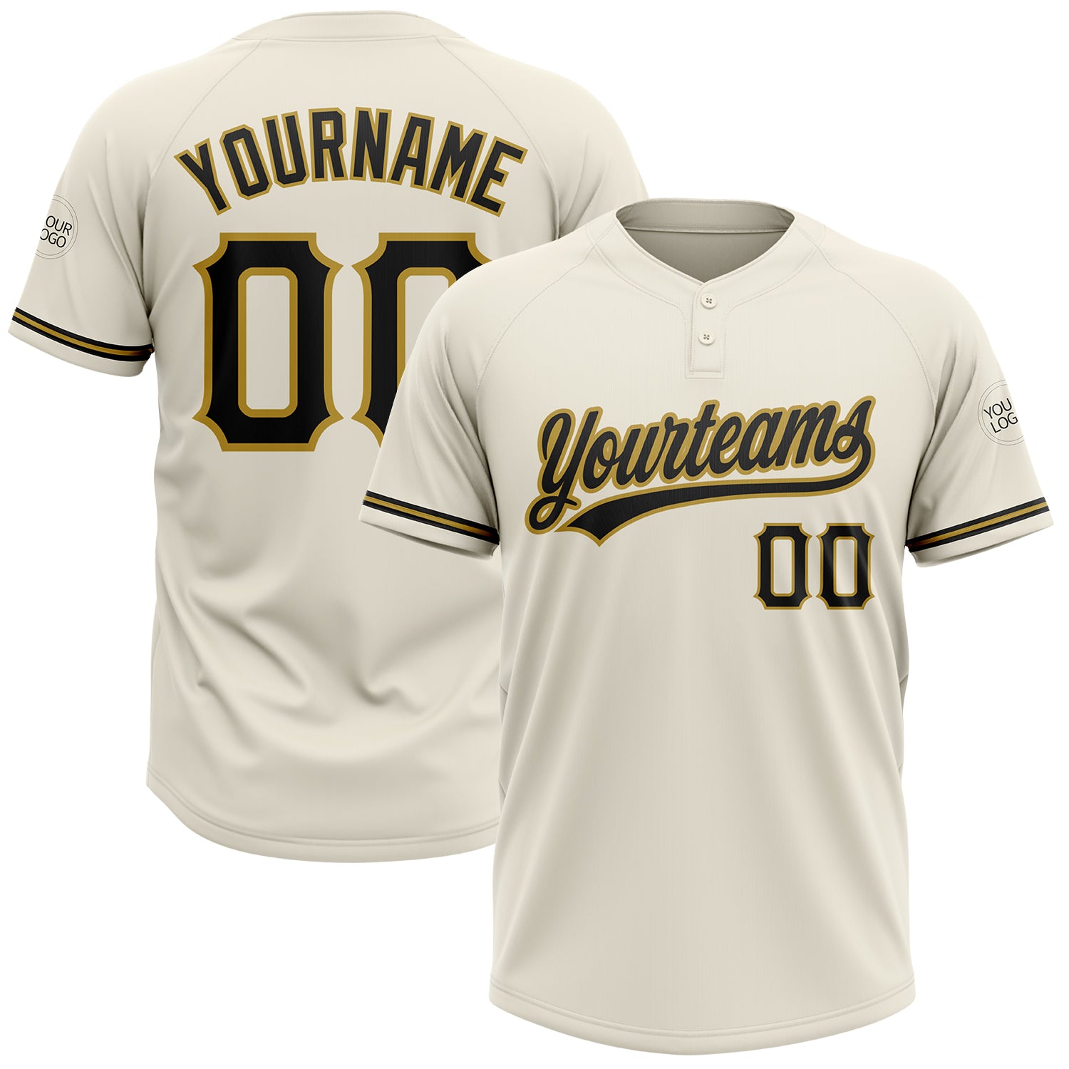 Custom Two-Button Unisex Softball Jersey in Cream Black and Old Gold Personalized Cream Black-Old Gold Two-Button Unisex