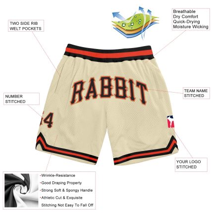 Custom Name and Number Authentic Personalized Throwback Basketball Shorts in Cream Black-Orange Personalized Cream Black-Orange