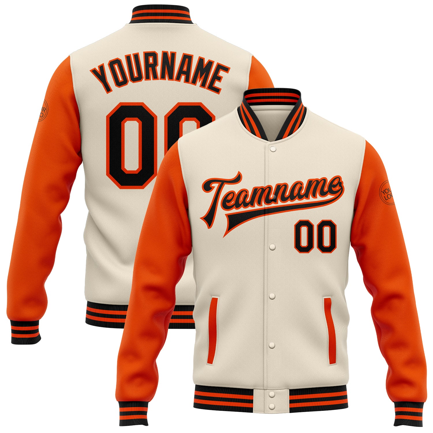 Personalized Black-Orange Two Tone Varsity Letterman Bomber Snap Jacket Personalized Cream Black-Orange Bomber Full-Snap