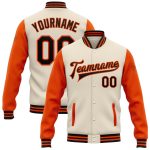 Personalized Bomber Jacket Cream Black-Orange Full-Snap Varsity Letterman Two Tone 2 Personalized Cream Black-Orange Bomber