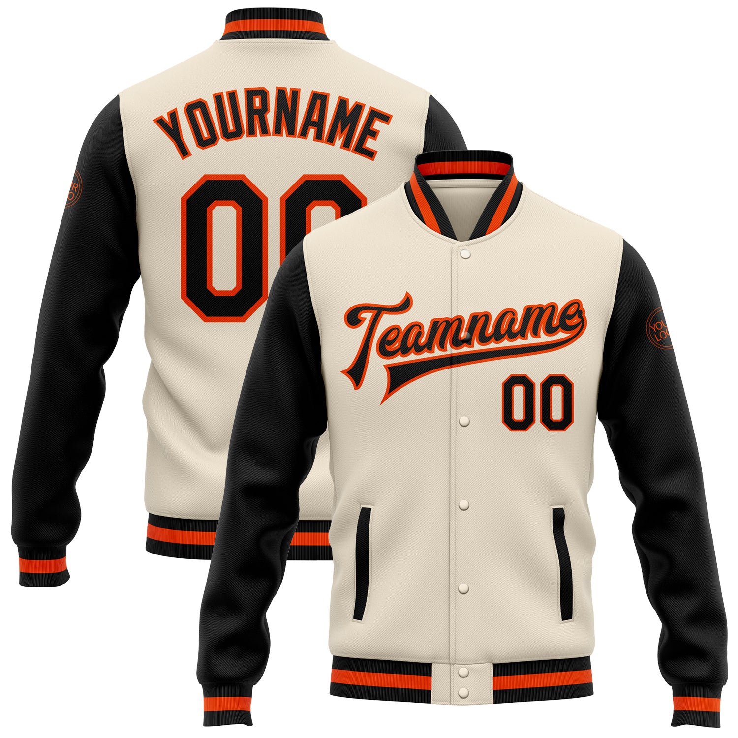 Personalized Two Tone Black Orange Varsity Letterman Bomber Snap Jacket Personalized Cream Black-Orange Bomber Full-Snap