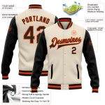 Personalized Two Tone Black Orange Varsity Letterman Bomber Snap Jacket Personalized Cream Black-Orange Bomber Full-Snap