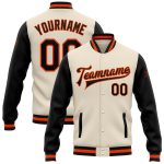 Custom Name and Number Personalized Bomber Varsity Letterman Jacket in Cream Black-Orange Two Tone Personalized Cream Black-Orange