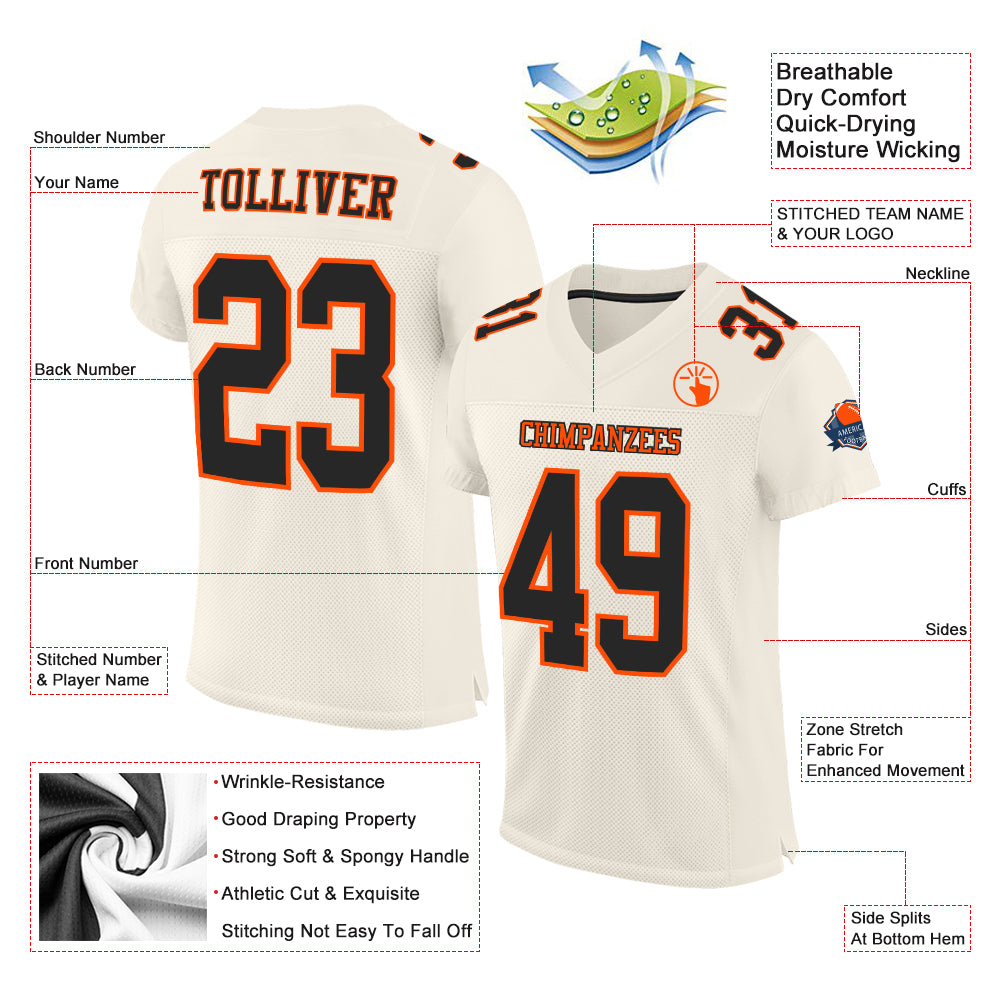 Personalized Cream Black-Orange Mesh Football Jersey 2 Personalized Black-Orange Mesh Football Jersey for Men and Women, Cream Color, Custom Design Personalized Cream Black-Orange - Image 2