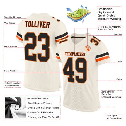 Personalized Black-Orange Mesh Football Jersey for Men and Women, Customizable Design Personalized Cream Black-Orange Mesh