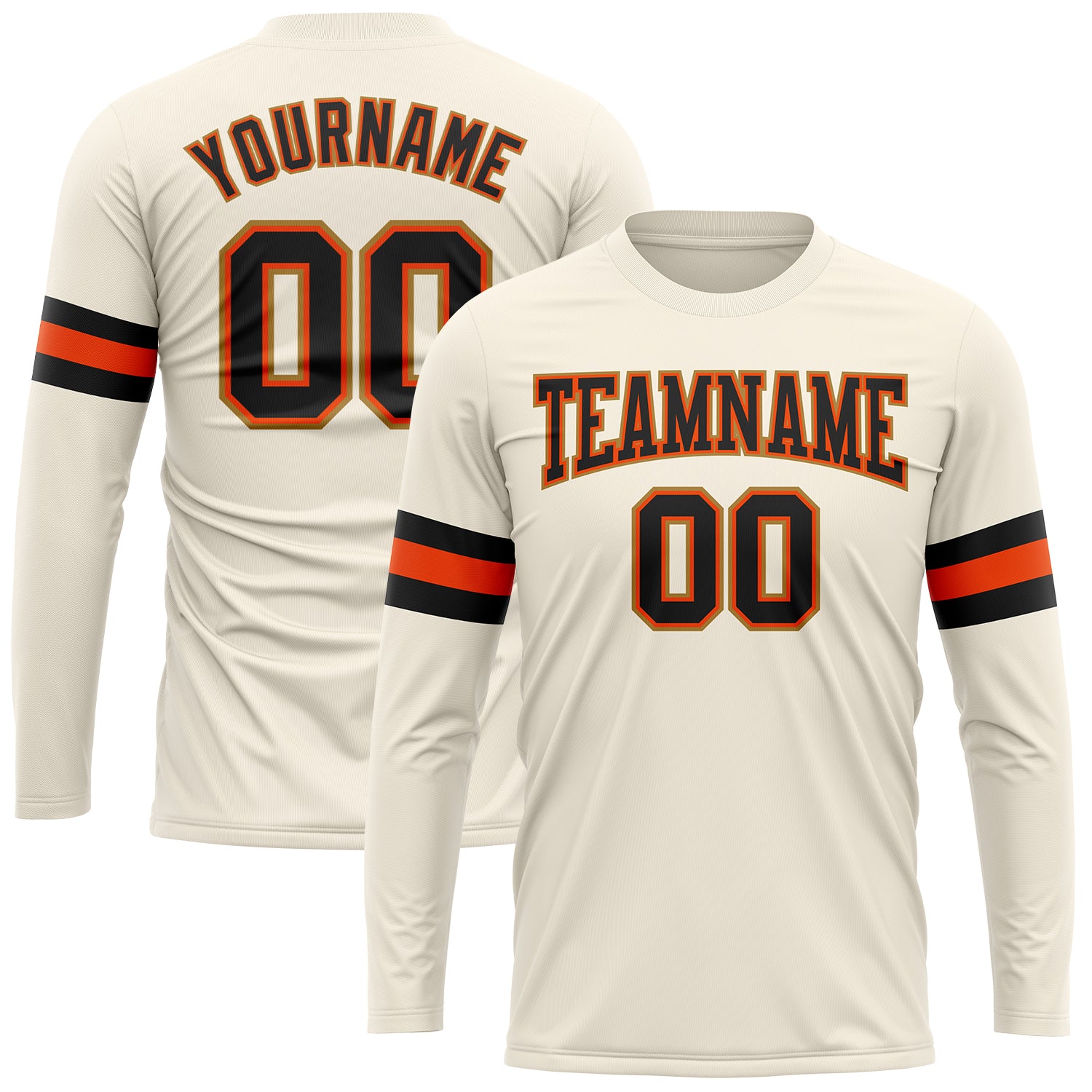 Custom Team Long Sleeve Performance T-Shirt with Personalized Name and Number - Cream Black Orange-Old Gold Personalized