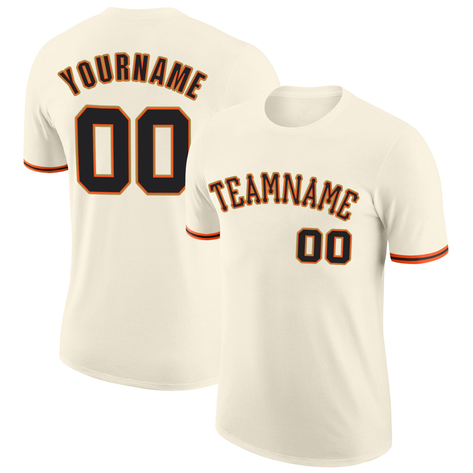 Custom Team Name Number T-Shirt in Cream Black-Orange Performance Fabric Personalized Cream Black-Orange Performance T-Shirt