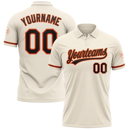 Custom Name and Number Golf Polo Shirt - Performance Black-Orange Cream Team Shirt Personalized Cream Black-Orange Performance