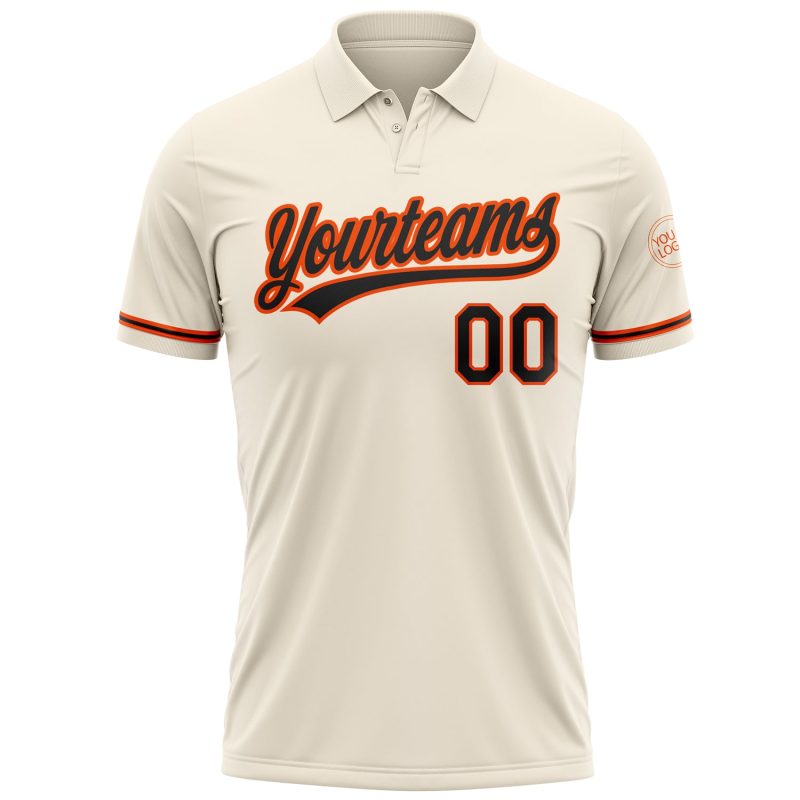 Custom Name and Number Golf Polo Shirt - Performance Black-Orange Cream Team Shirt Personalized Cream Black-Orange Performance