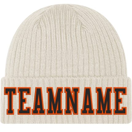 Custom Name and Number Personalized Cuffed Knit Hat in Cream Black-Orange Stitched Design Personalized Cream Black-Orange