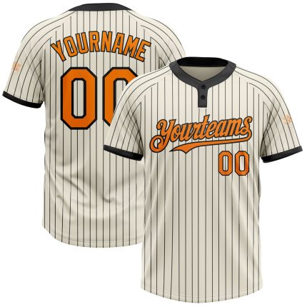 Personalized Bay Orange Unisex Softball Jersey - Cream Black Pinstripe Two-Button Design Personalized Cream Black Pinstripe