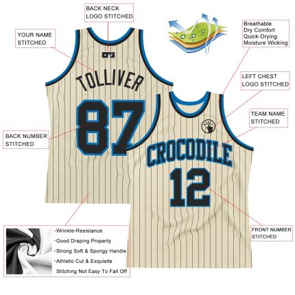 Custom Name Number Personalized Black-Blue Basketball Jersey, Cream Black Pinstripe Authentic Team Edition Personalized Cream