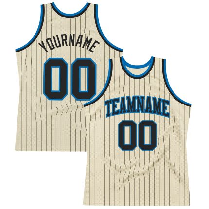 Personalized Black-Blue Pinstripe Basketball Jersey - Custom Cream Design Personalized Cream Black Pinstripe Black-Blue Basketball