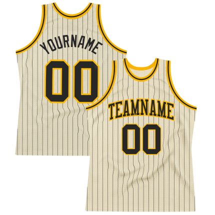 Custom Basketball Jersey - Personalized Black-Gold Authentic with Cream Black Pinstripe, Team Name & Number Personalized