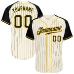 Custom Name Number Baseball Jersey - Personalized Black Gold Cream Pinstripe Authentic Raglan Sleeves Personalized Cream
