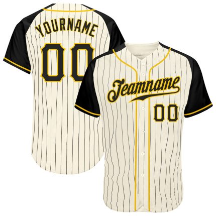 Custom Name Number Baseball Jersey - Personalized Black Gold Cream Pinstripe Authentic Raglan Sleeves Personalized Cream