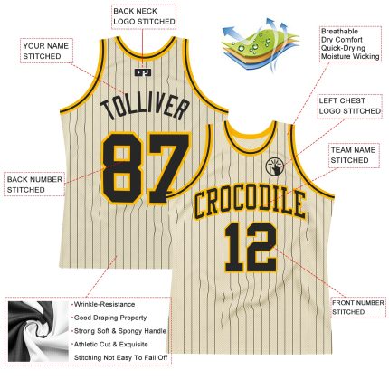 Personalized Black-Gold Basketball Jersey with Cream Black Pinstripe Design Personalized Cream Black Pinstripe Black-Gold