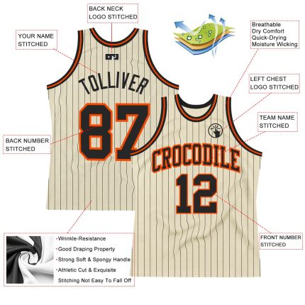 Personalized Black-Orange Authentic Basketball Jersey with Cream Black Pinstripe Design Personalized Cream Black Pinstripe