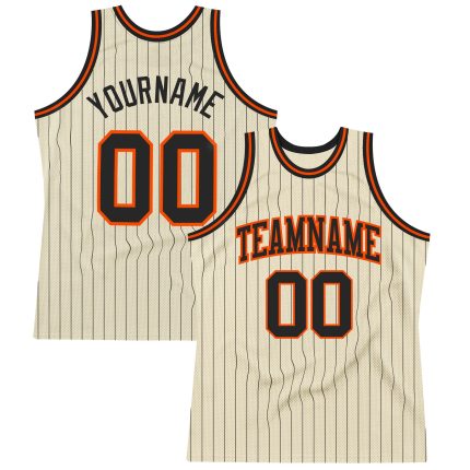 Personalized Black-Orange Authentic Basketball Jersey with Cream Black Pinstripe Design Personalized Cream Black Pinstripe