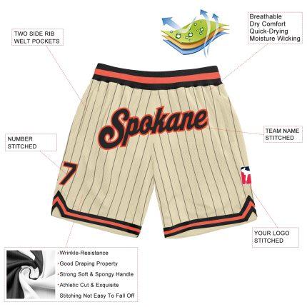 Custom Name Number Black-Orange Pinstripe Basketball Shorts Personalized Cream Team Authenticator Personalized Cream Black