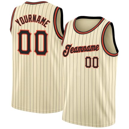 Personalized Black-Orange Basketball Jersey with Cream Black Pinstripe Design Personalized Cream Black Pinstripe Black-Orange