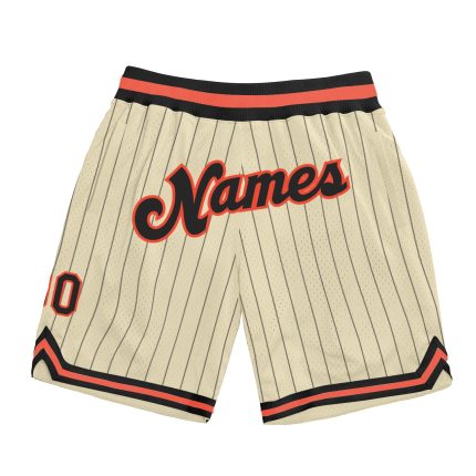 Personalized Black-Orange Basketball Shorts with Cream Black Pinstripe Design Personalized Cream Black Pinstripe Black-Orange
