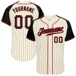 Personalized Black Red Raglan Baseball Jersey with Cream Black Pinstripe Design Personalized Cream Black Pinstripe Black-Red